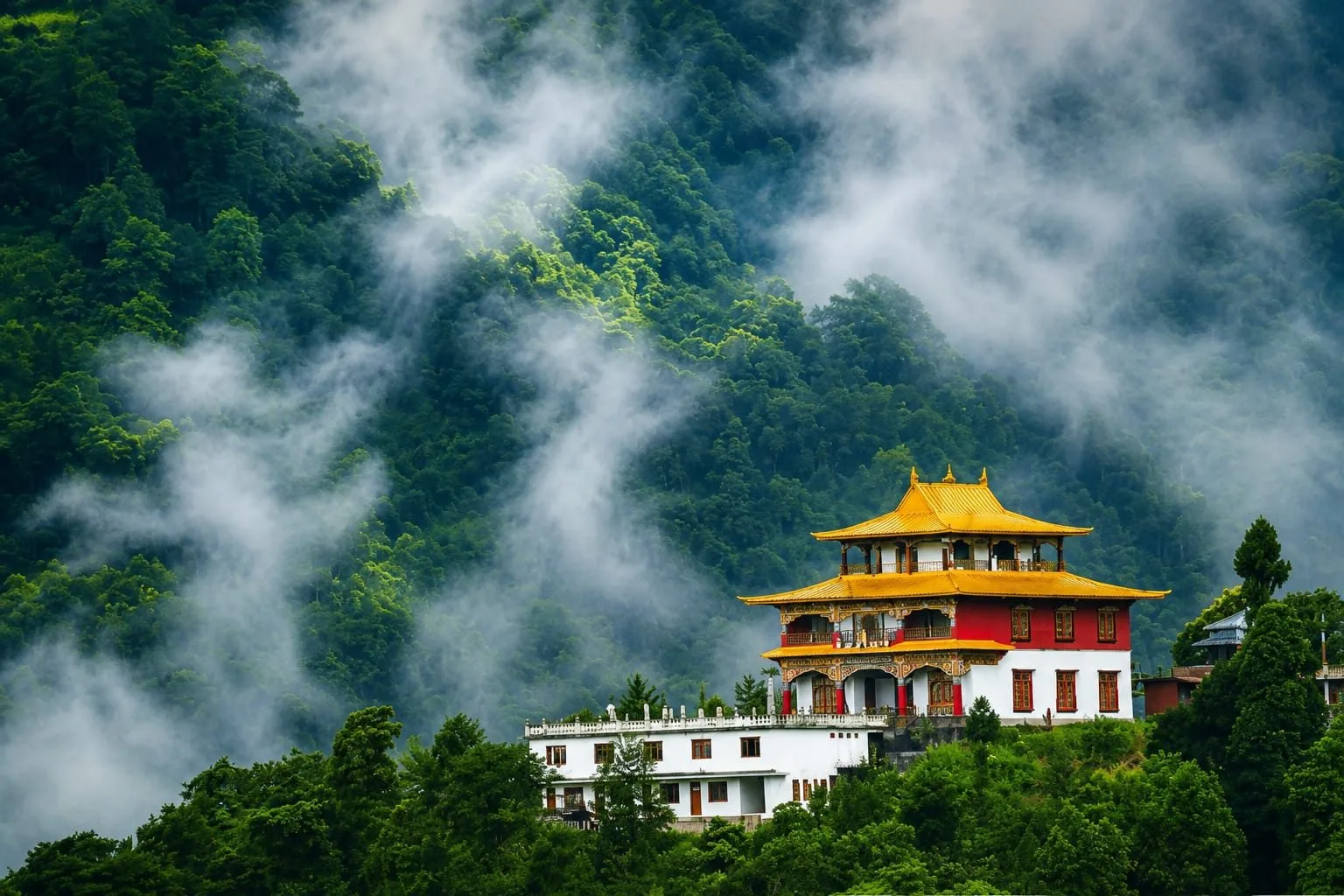 The monastery above Rey, gold roofs against forested slopes with mist rising through the trees